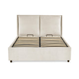 Beige upholstered bed frame front view without mattress showing wooden slatted base on black frame