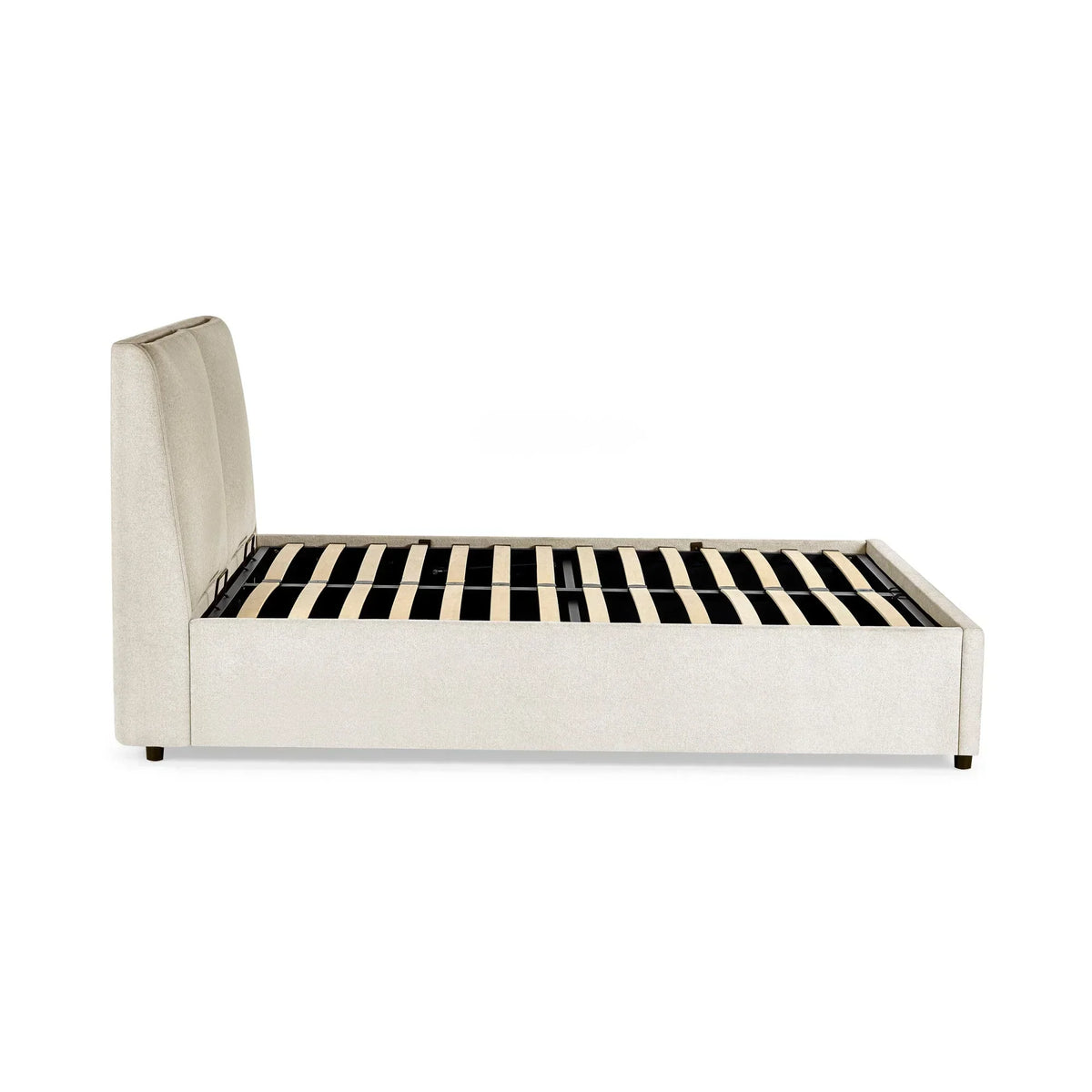 Side profile of upholstered bed frame with wooden slats and tall padded headboard
