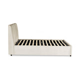 Beige upholstered bed frame side profile showing slatted wooden base and padded headboard, white background