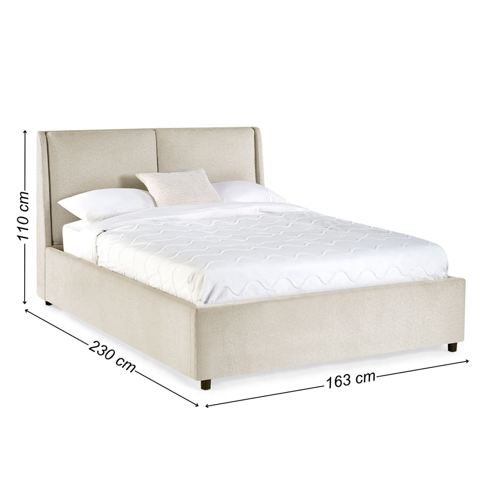 Beige fabric upholstered bed with dimensions 163x230 cm and 110 cm headboard height