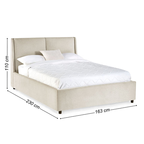 Beige fabric upholstered bed with dimensions 163x230 cm and 110 cm headboard height