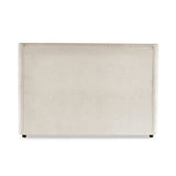 Beige upholstered headboard with simple stitched border and dark wooden feet on white background