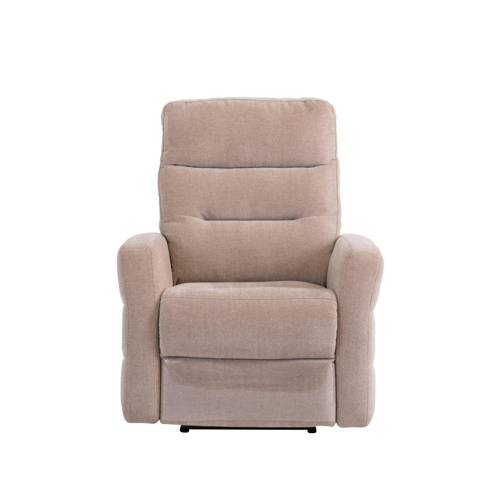Beige fabric recliner chair with padded arms and high backrest, front view on white background