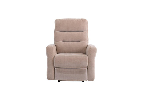 Beige fabric recliner chair with padded arms and high backrest, front view on white background