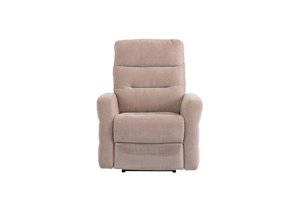 Beige fabric recliner chair with padded arms and high backrest, front view on white background