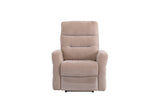 Beige fabric recliner chair with padded arms and high backrest, front view on white background