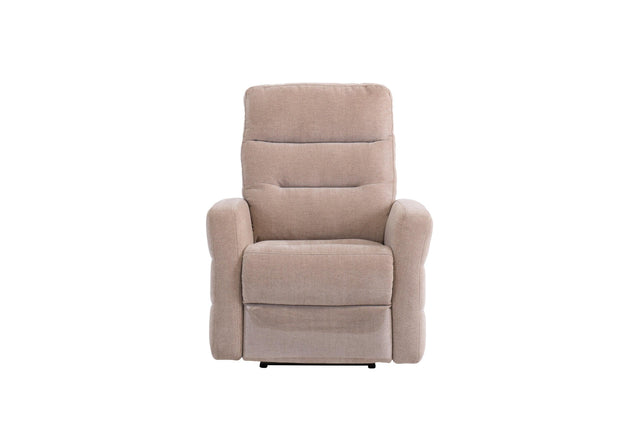 Beige fabric recliner chair with padded arms and high backrest, front view on white background