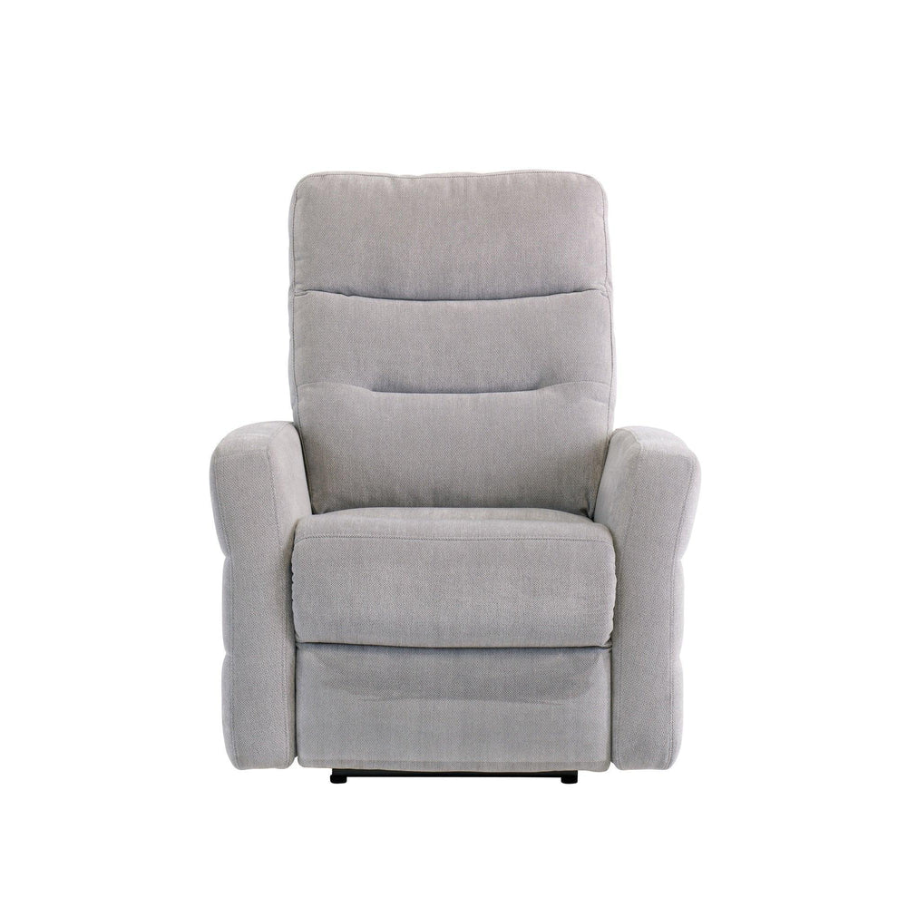 Silver grey fabric recliner armchair with padded seat and backrest, front view