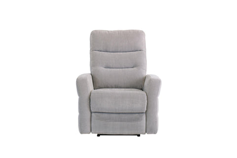 Silver grey fabric recliner armchair with padded seat and backrest, front view