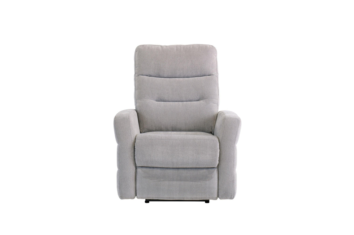 Silver grey fabric recliner armchair with padded seat and backrest, front view