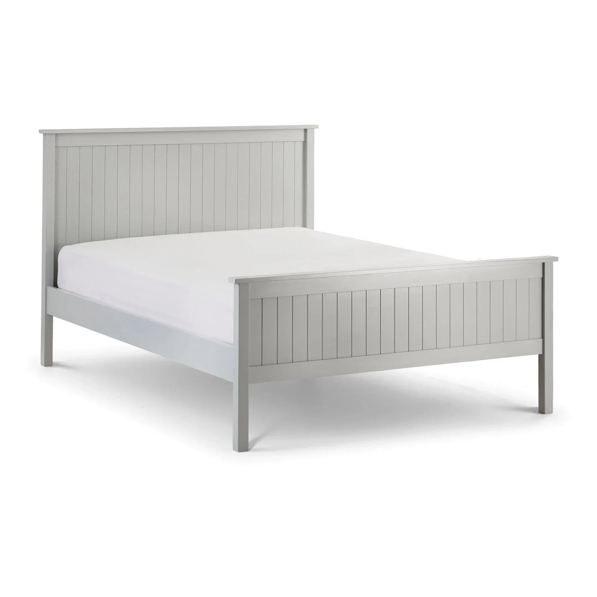 Grey wooden bed frame with panelled headboard and footboard, three-quarter angle view