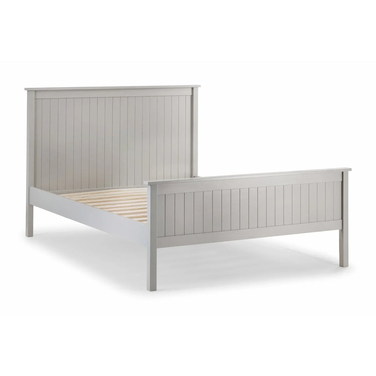 Grey wooden bed frame with slatted base and paneled headboard in front angle view
