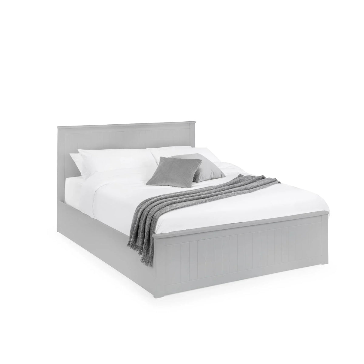 Grey wooden bed frame with white bedding, throw blanket and cushions, front angle view
