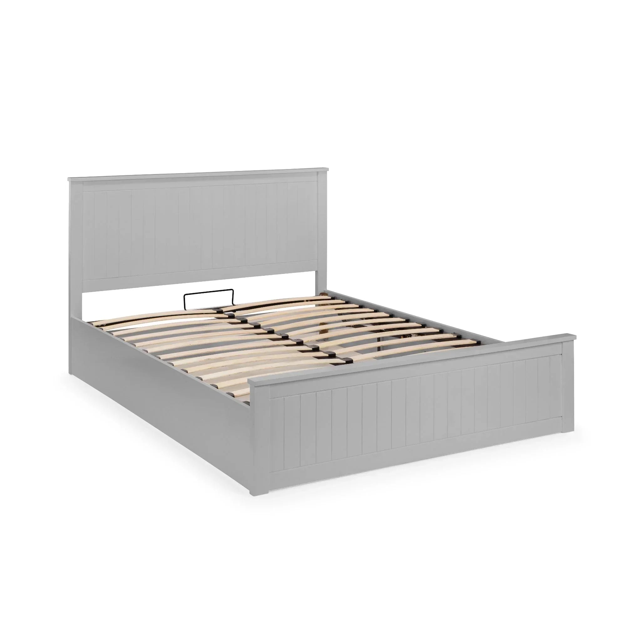 Grey wooden bed frame with high headboard and slatted base, angled front view