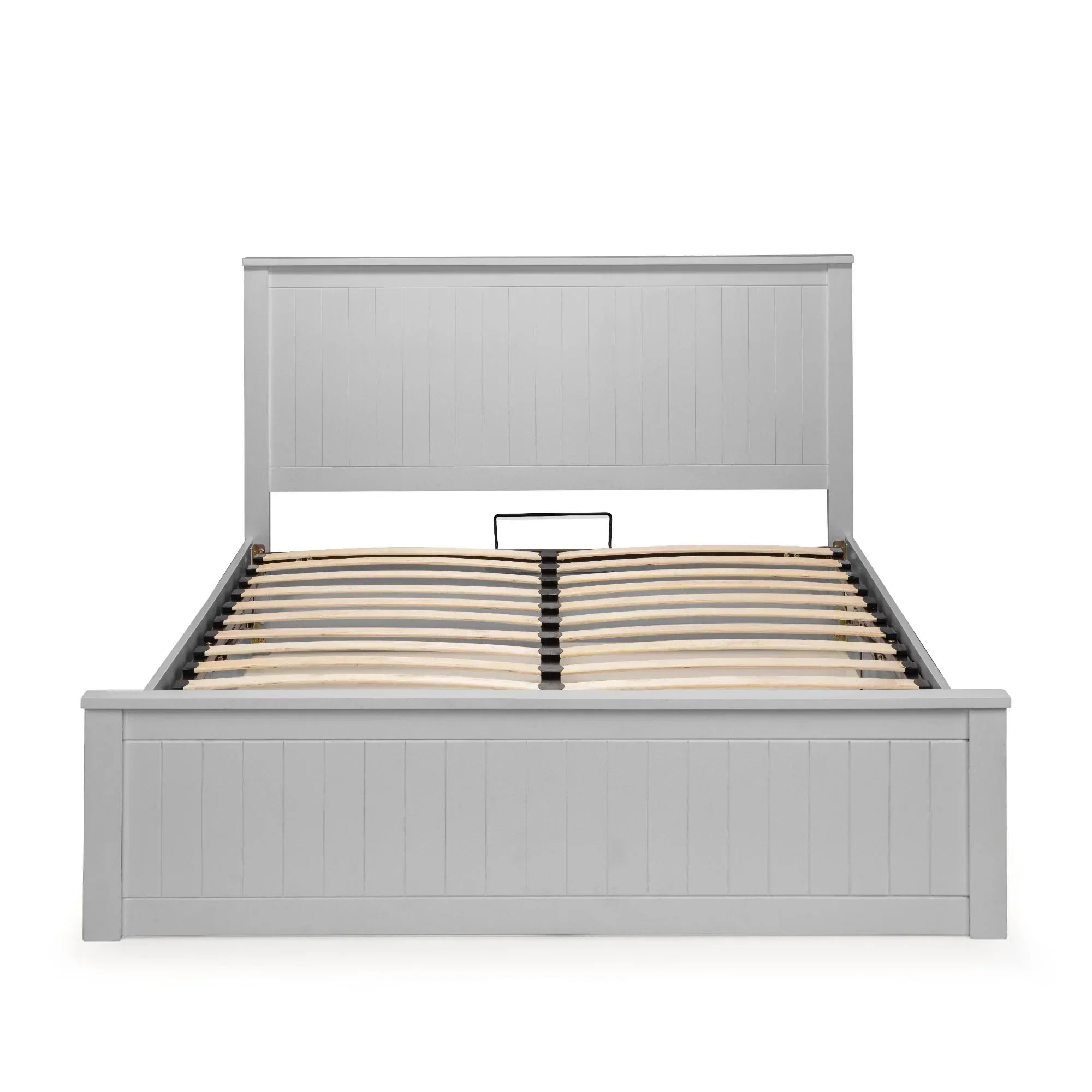 Grey wooden bed frame with slatted base and panel headboard, front view