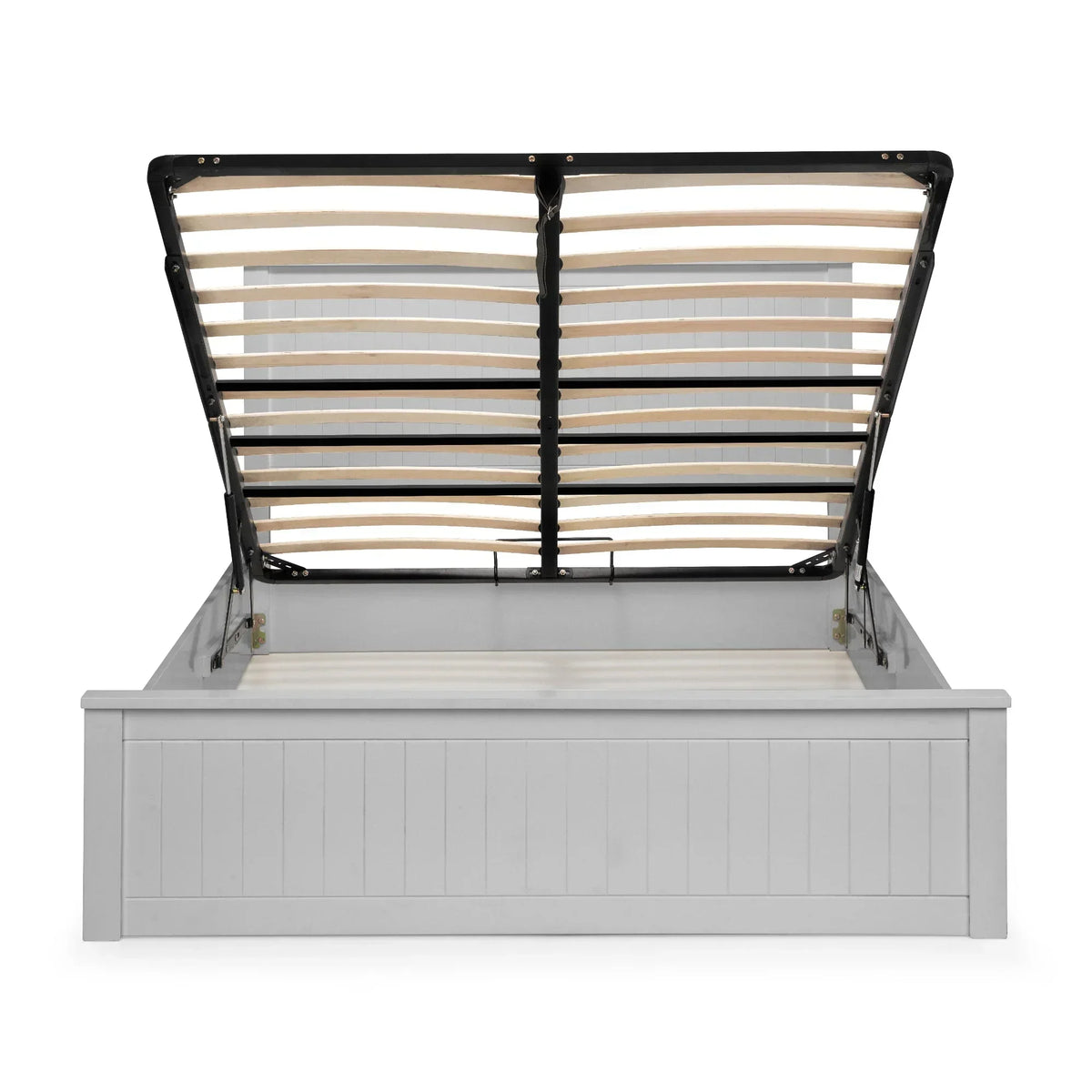 White ottoman storage bed frame with raised slatted base, front view