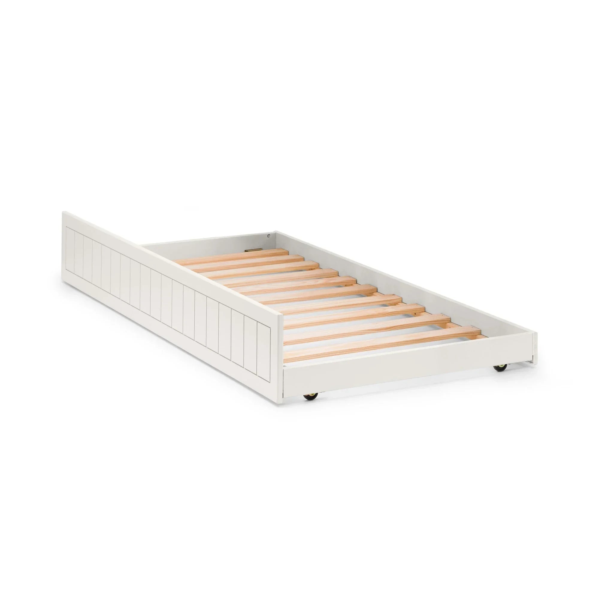 White underbed storage bed frame with exposed wooden slats and wheels on white background