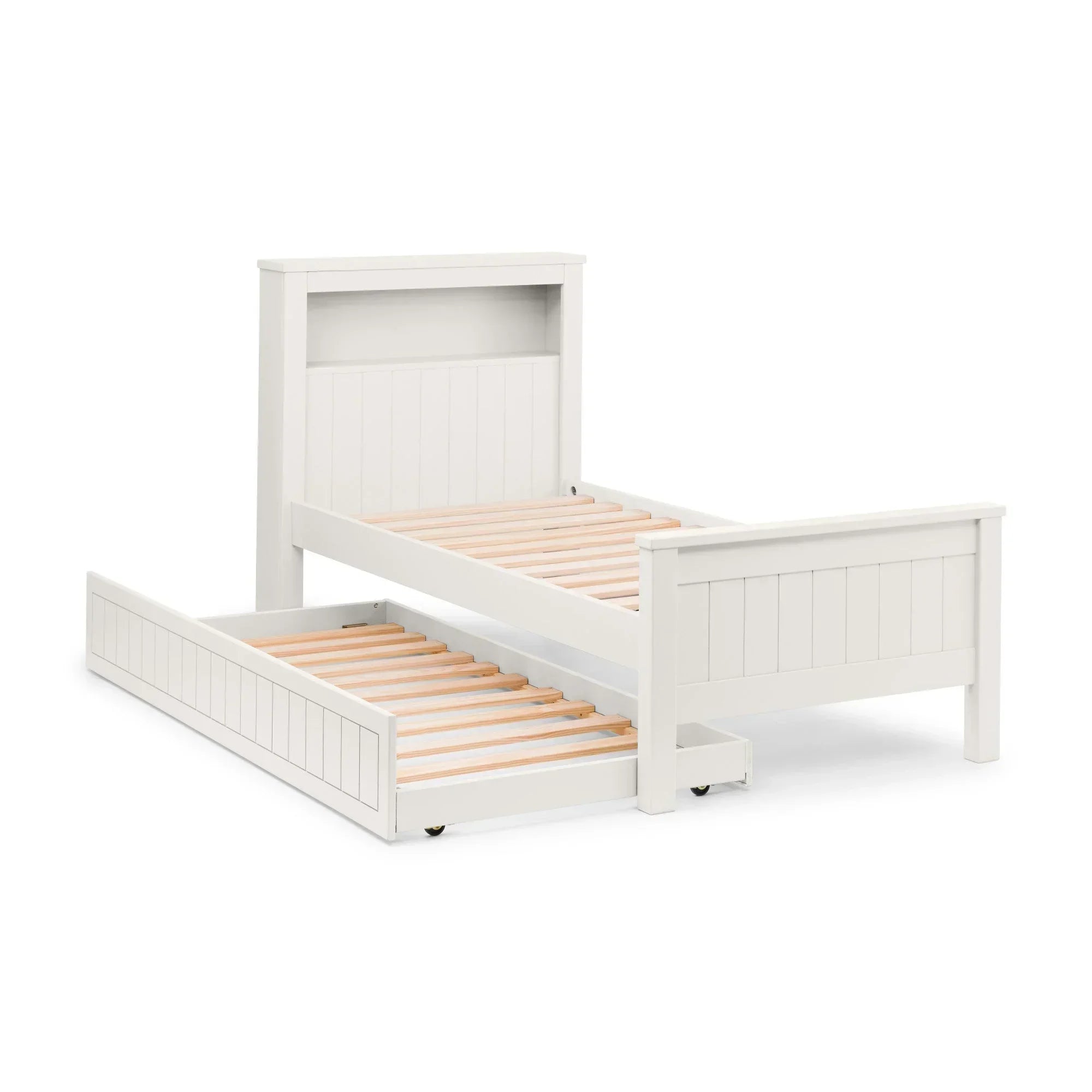White underbed single bed frame with pull-out trundle and paneled headboard