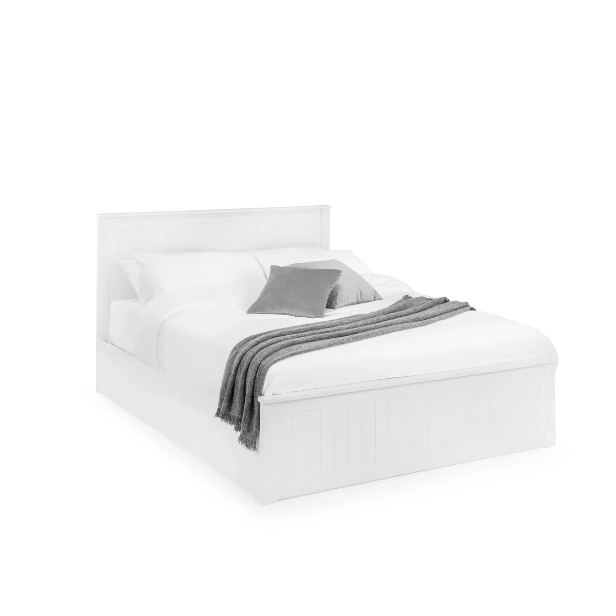 White wooden bed frame with panel headboard, dressed in white bedding and grey throw blanket