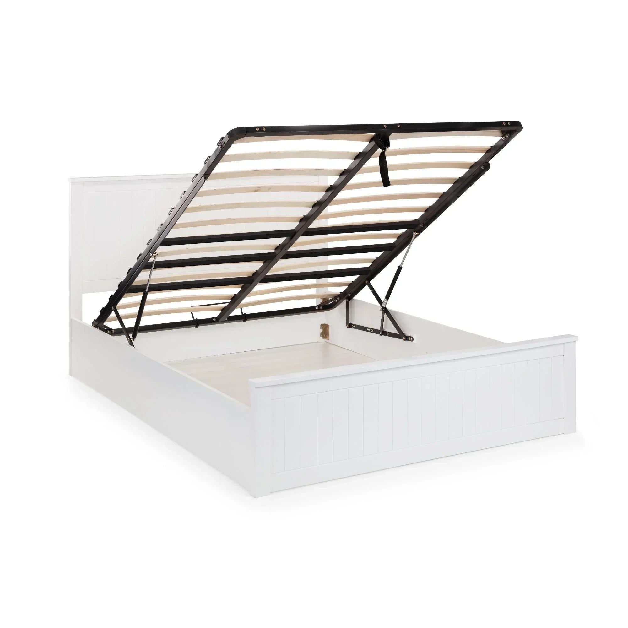 White ottoman storage bed frame with lift-up slatted base, shown open at angle