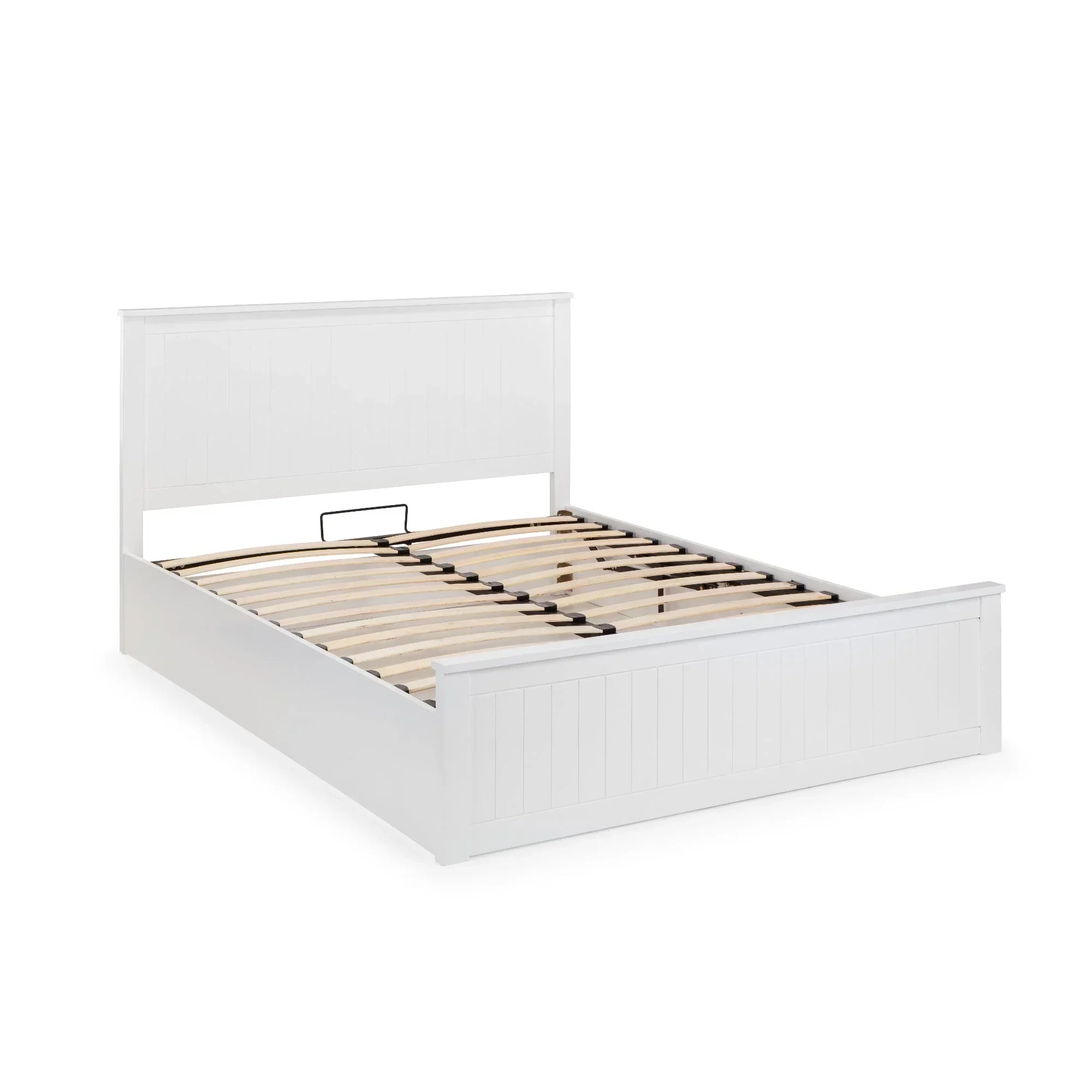 White wooden bed frame with slatted base and panel headboard, angled view