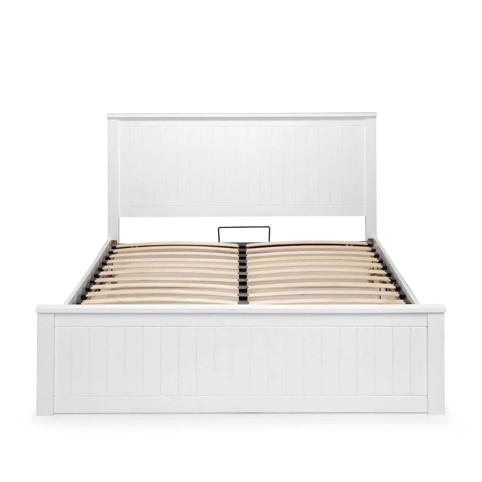 White wooden bed frame with slatted base and paneled headboard, front view