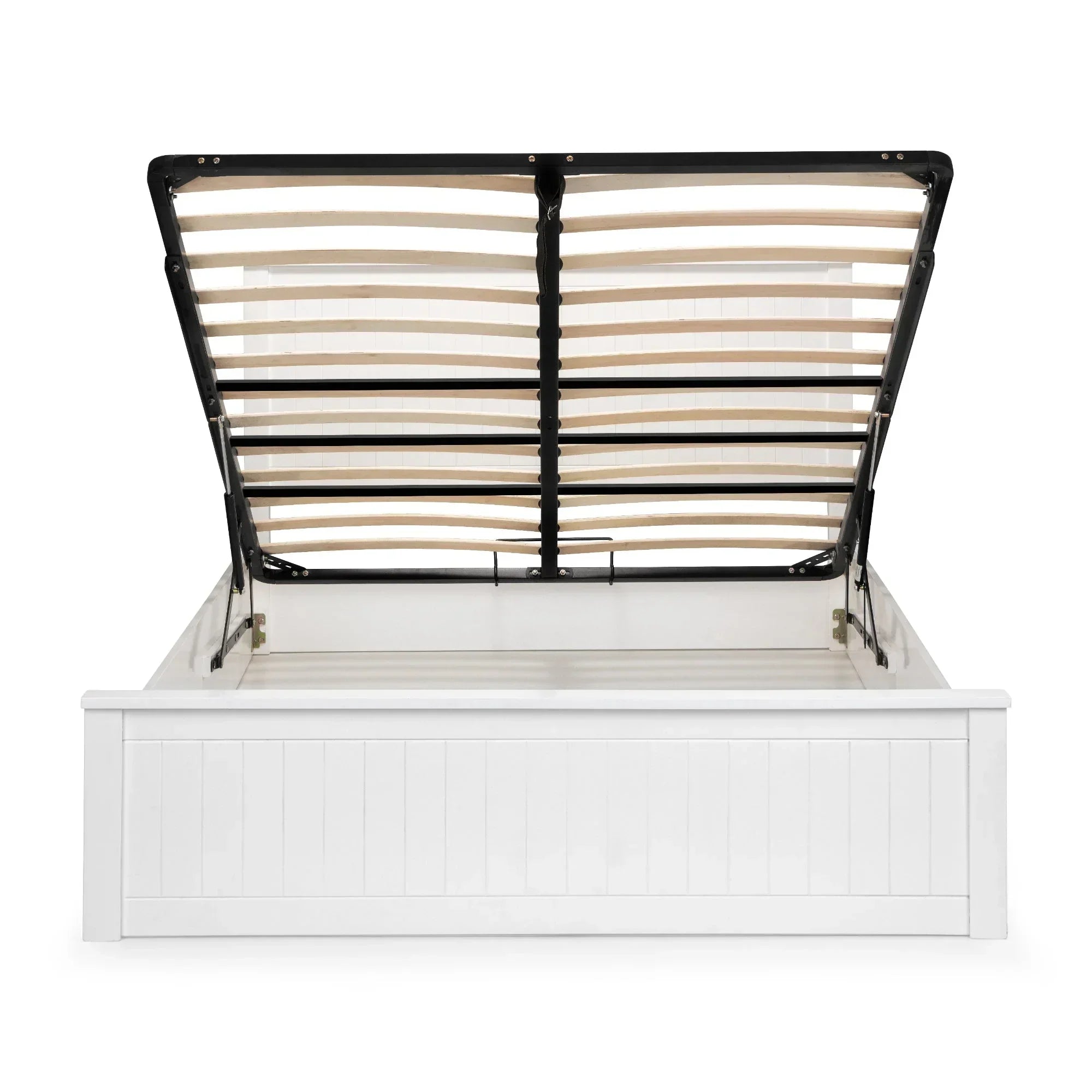 White ottoman storage bed frame with lifted slatted base, front panel view
