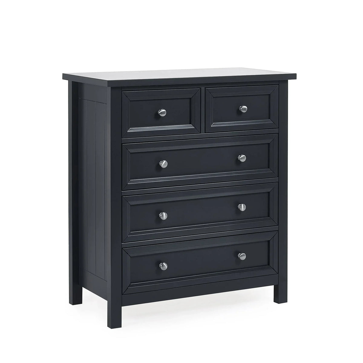 Anthracite chest of drawers with five drawers and metal knobs, angled front view