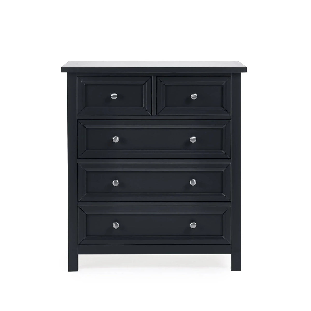 Anthracite 5 drawer chest with silver knobs and panel detailing, front-facing view