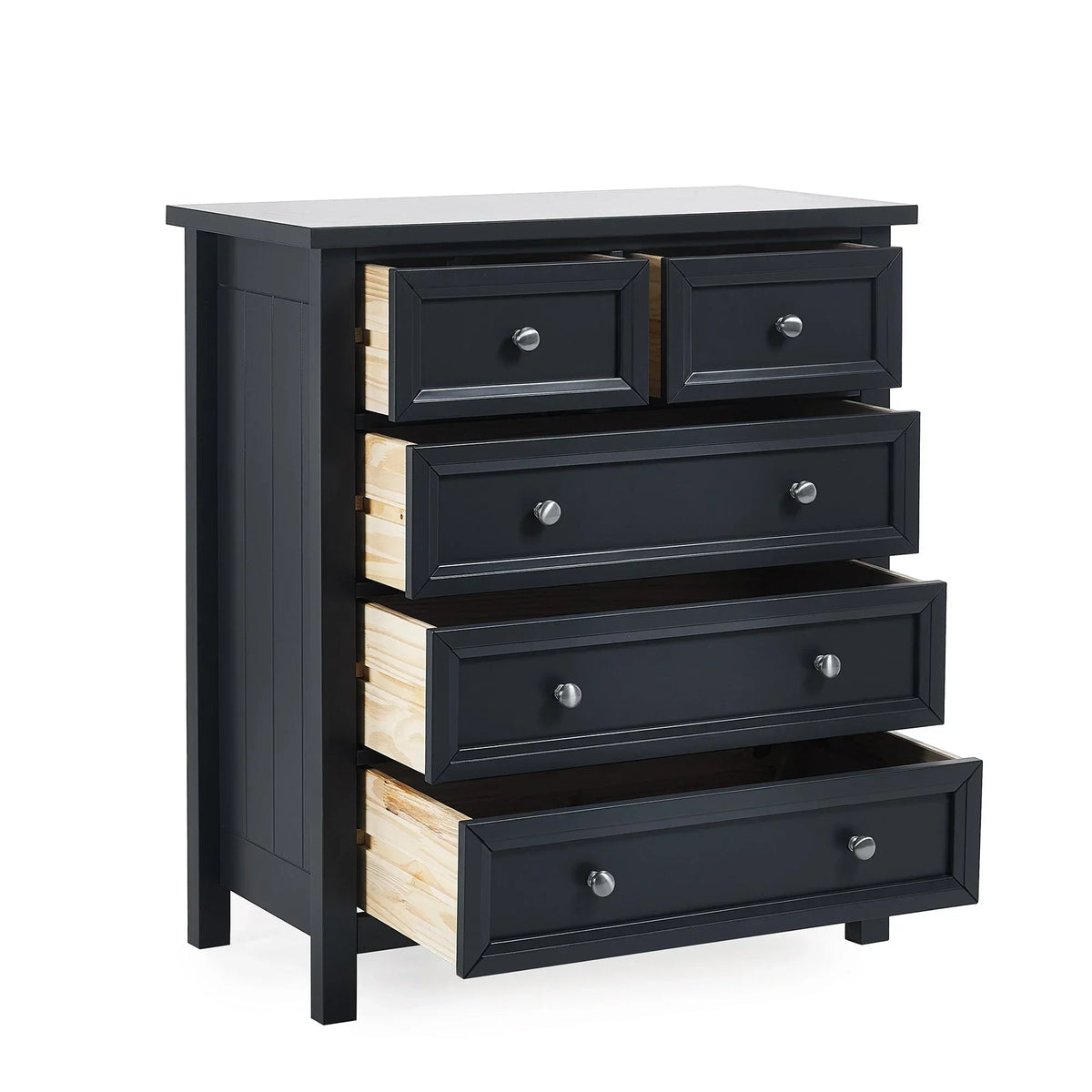 Anthracite wooden chest of drawers with five visible drawers, side view, drawers open