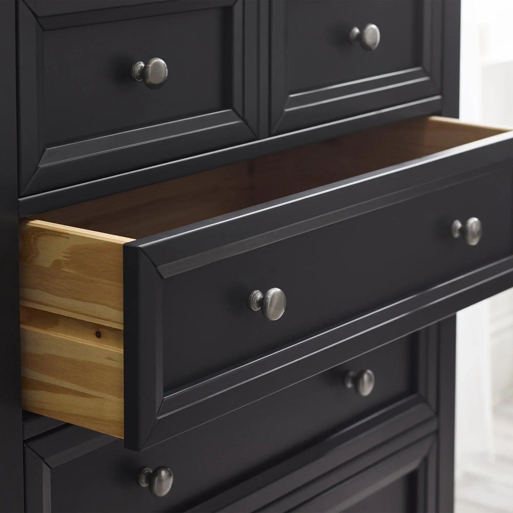 Anthracite 2 drawer chest close-up showing brushed metal handles and open drawer detail