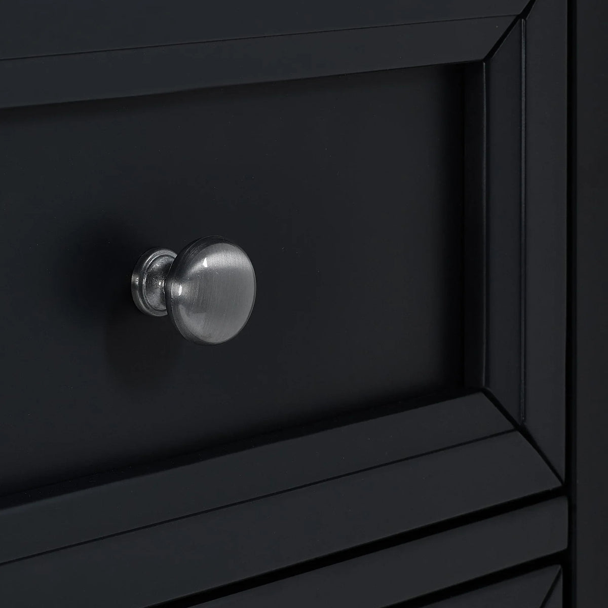 Anthracite 2 drawer chest close-up showing metal knob and matte finish
