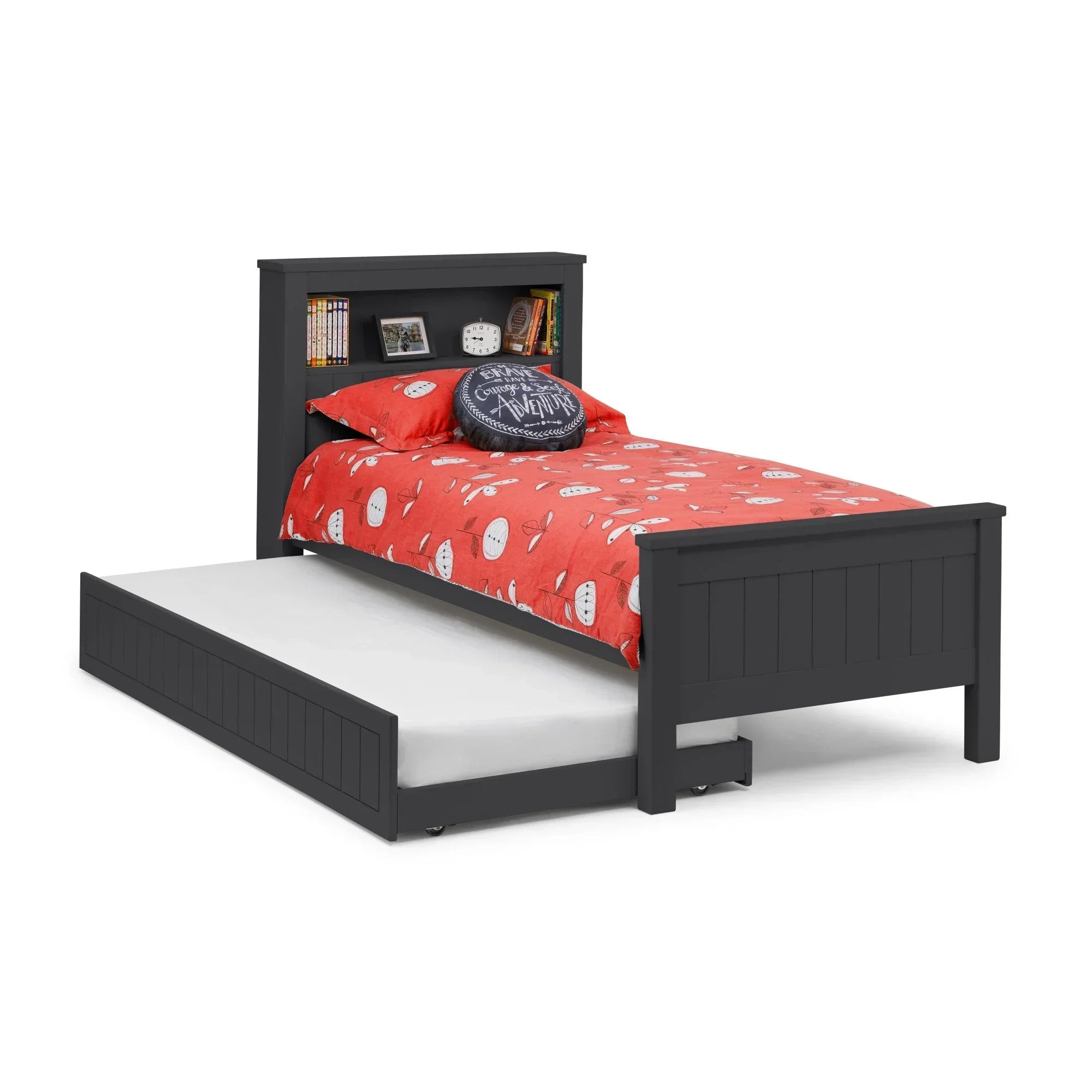 Anthracite underbed single bed with storage headboard and pull-out trundle