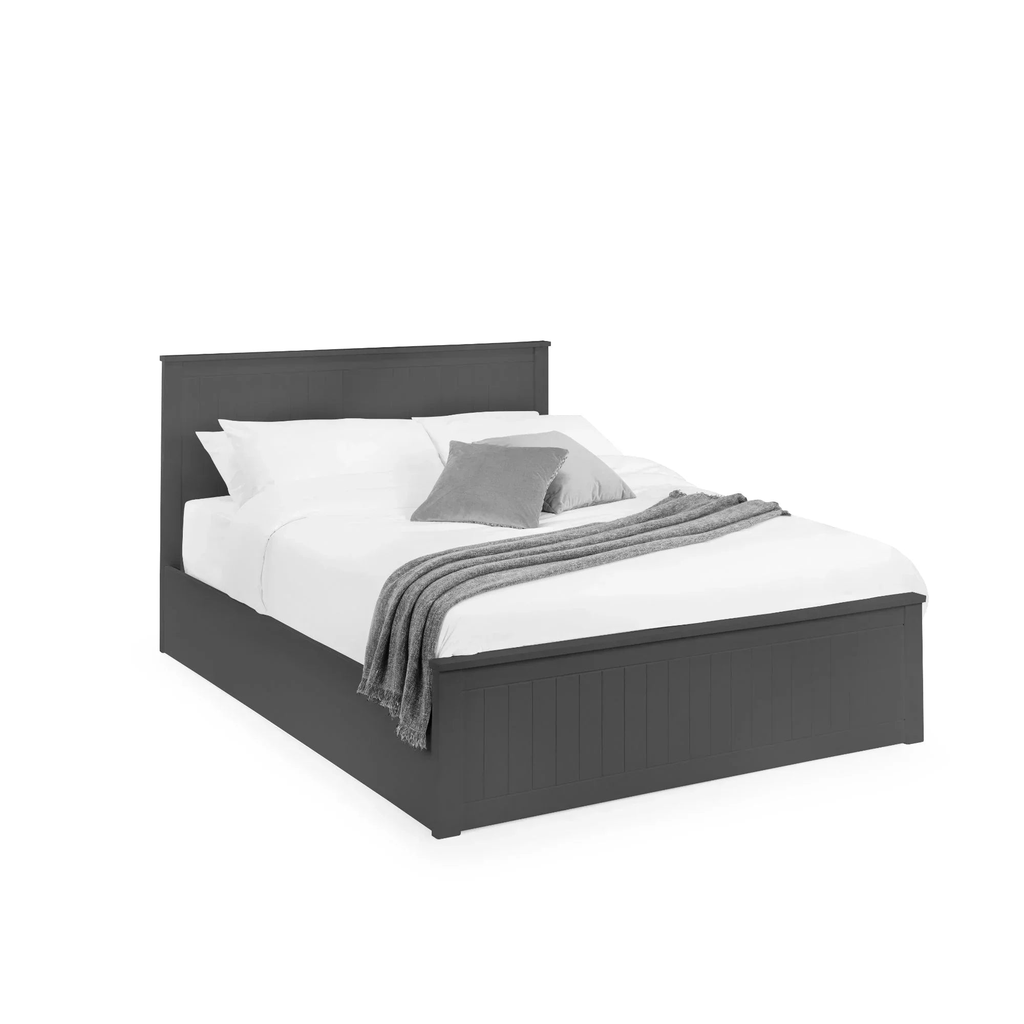Dark grey wooden double bed with panelled headboard, white bedding and grey throw blanket