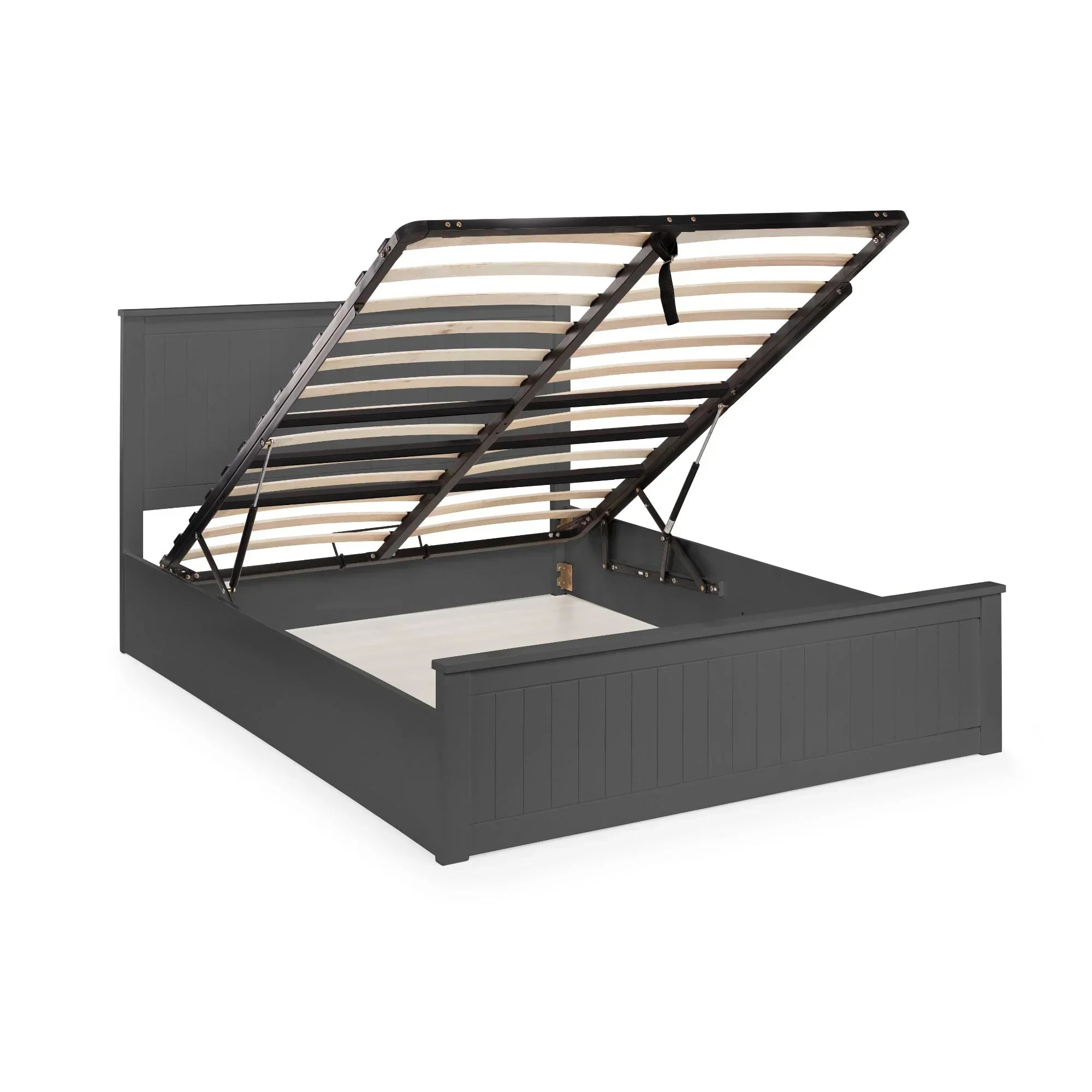 Grey ottoman storage bed frame with gas lift slatted base open for underbed storage