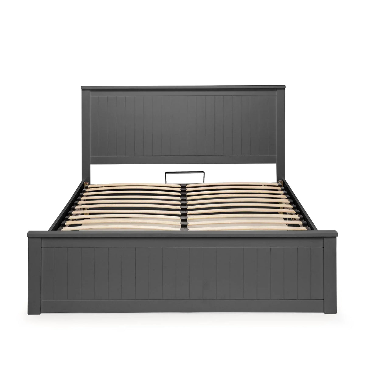 Dark grey wooden bed frame with slatted base and paneled headboard, front view