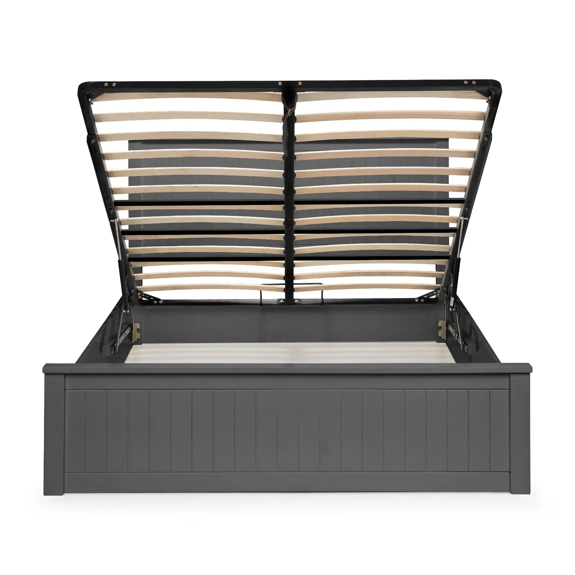 Grey ottoman storage bed frame with raised slatted base, front view