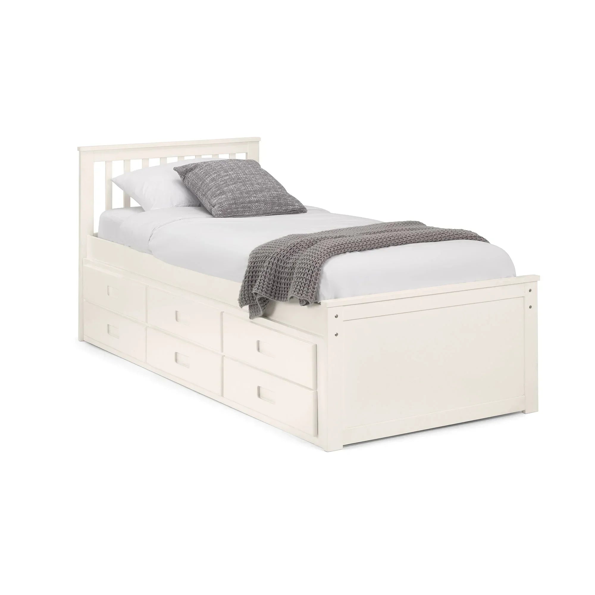 White single daybed with storage drawers, slatted headboard, and grey throw blanket