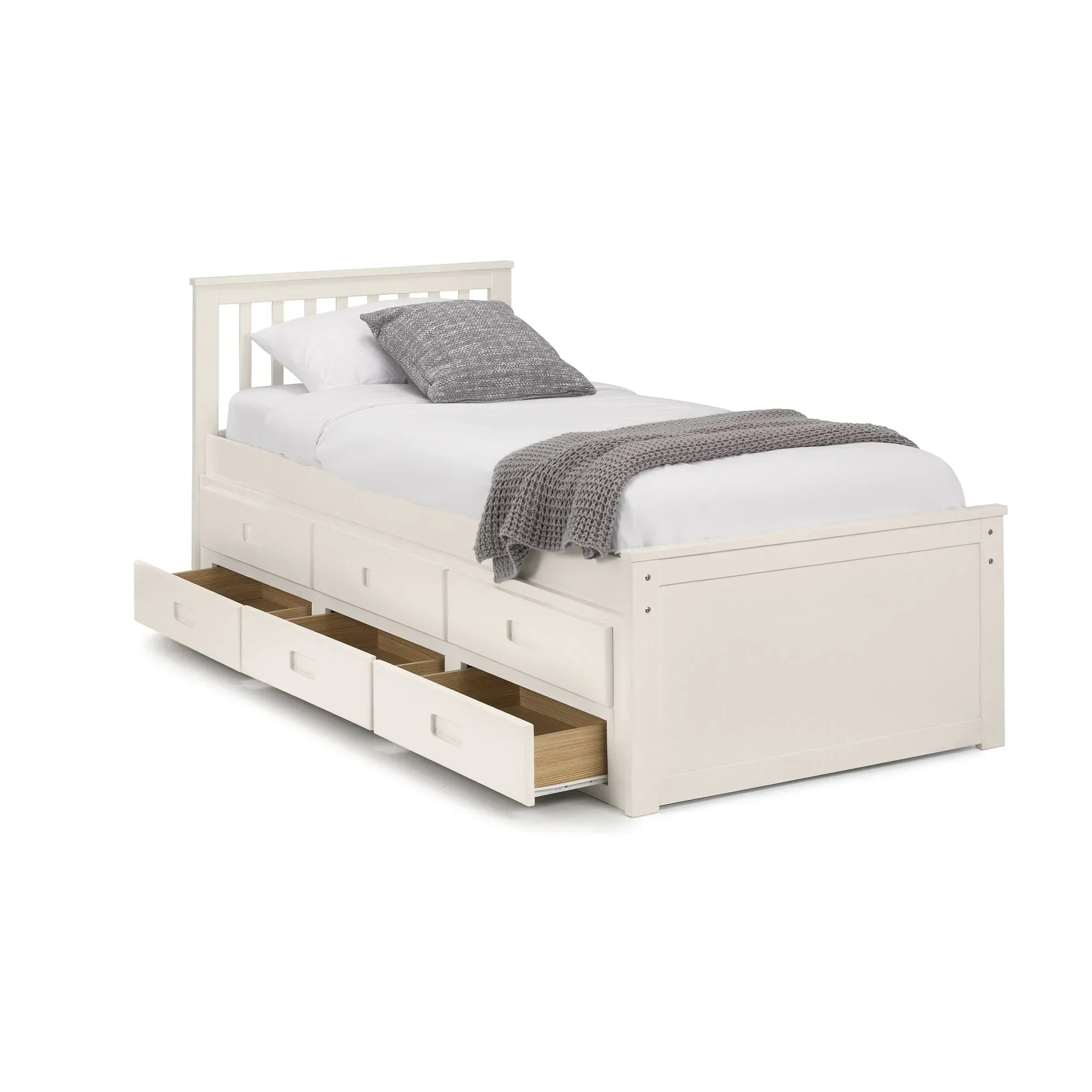 Cream single daybed with headboard, three underbed storage drawers, styled bedding and throw