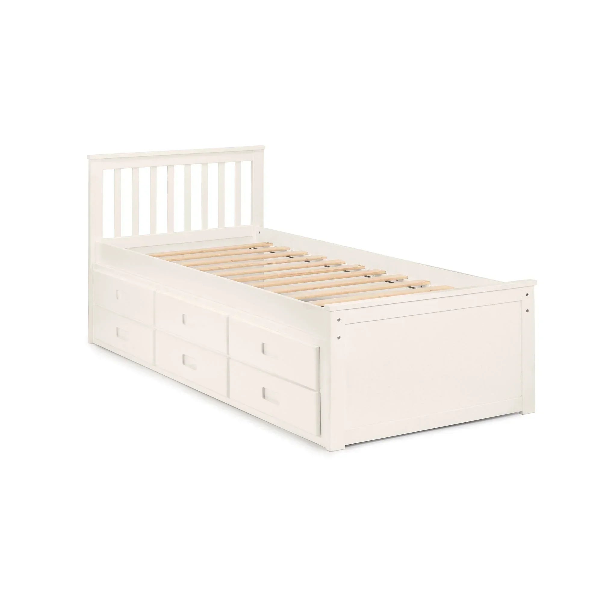White wooden single daybed with slatted headboard and six storage drawers, angled side view