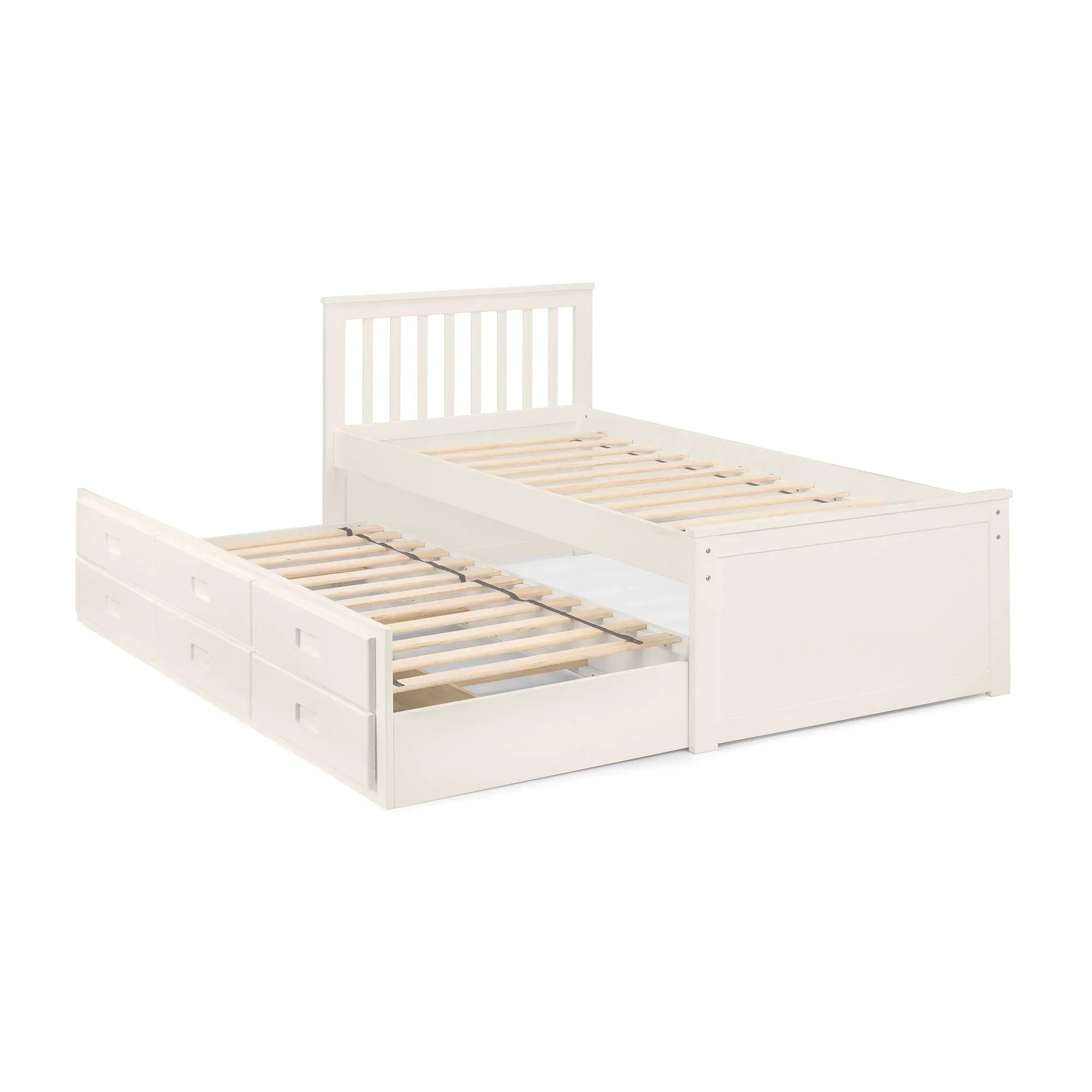 White wooden single daybed with pull-out trundle and slatted headboard on white background