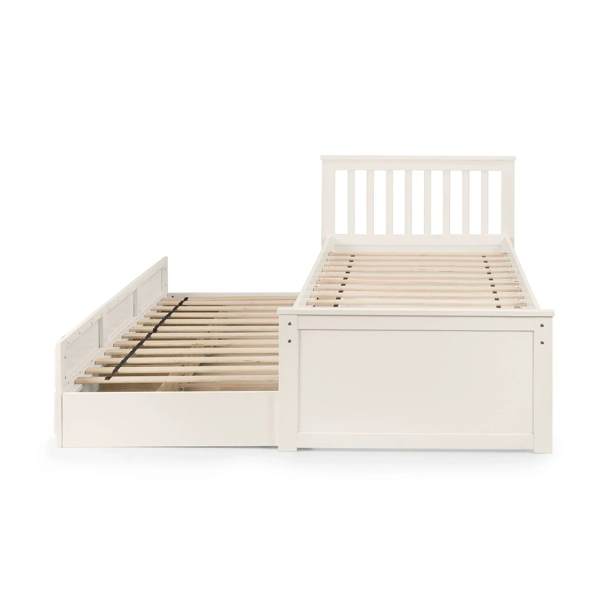 White wooden single daybed with pull-out trundle and slatted design, front view
