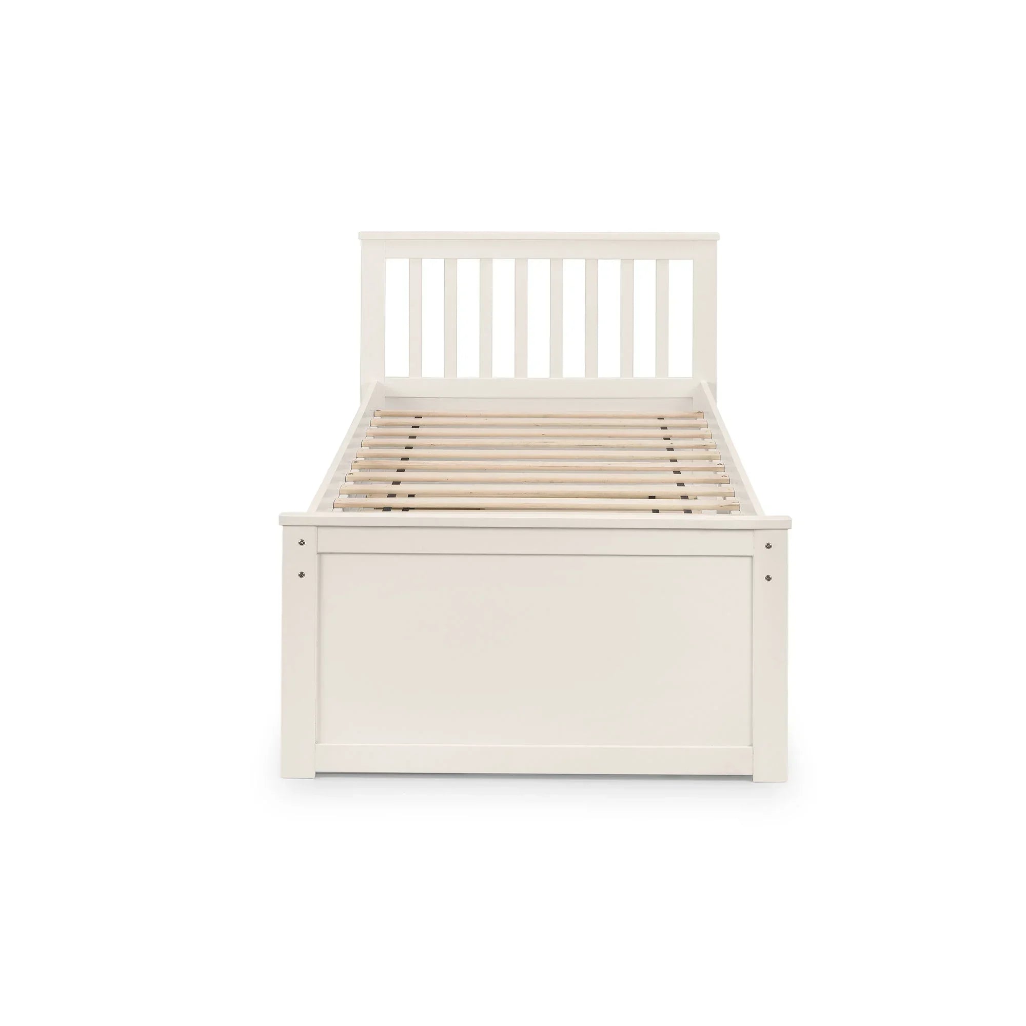 White wooden single daybed with slatted headboard and footboard, front view