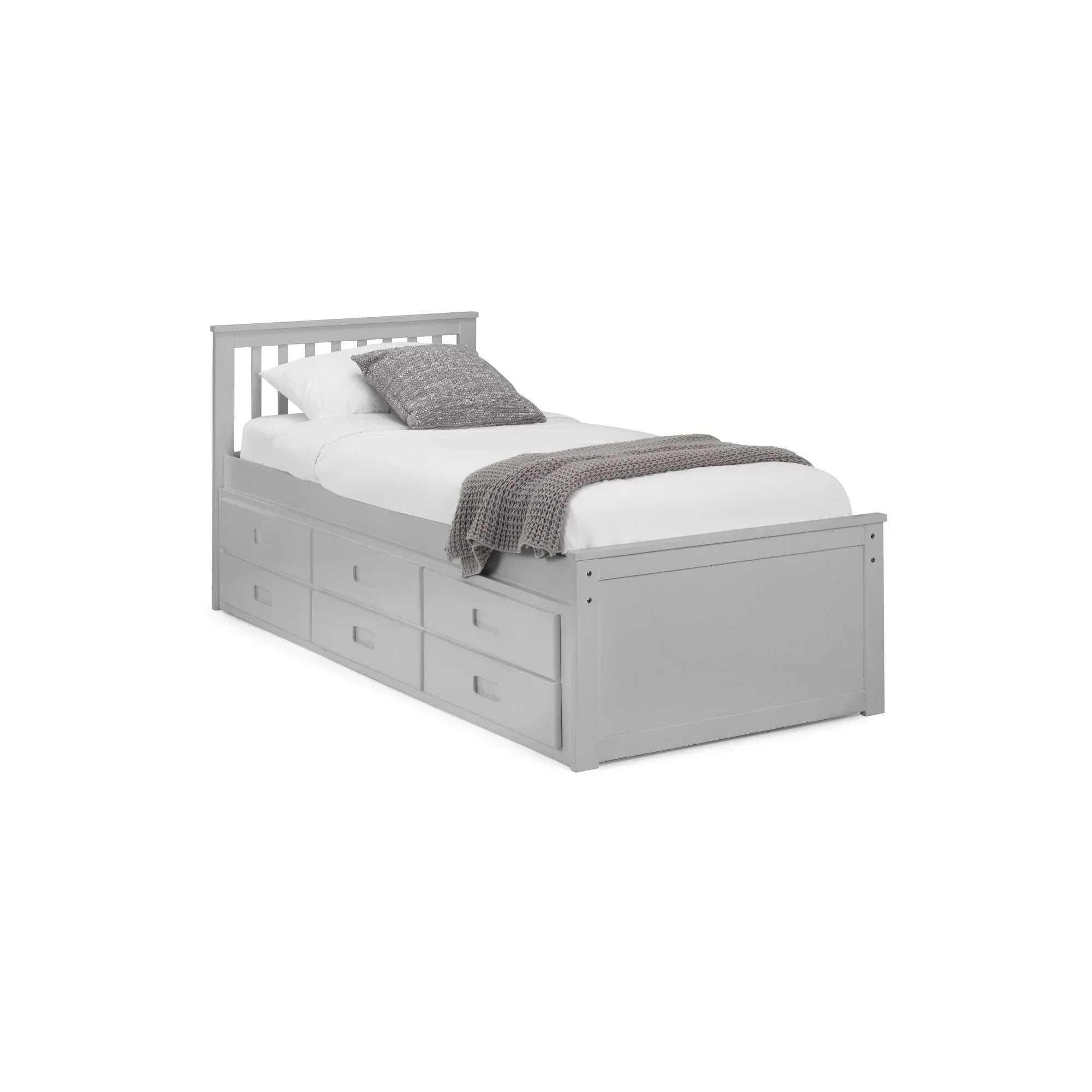 Grey wooden single bed with storage drawers, slatted headboard, bedding and throw