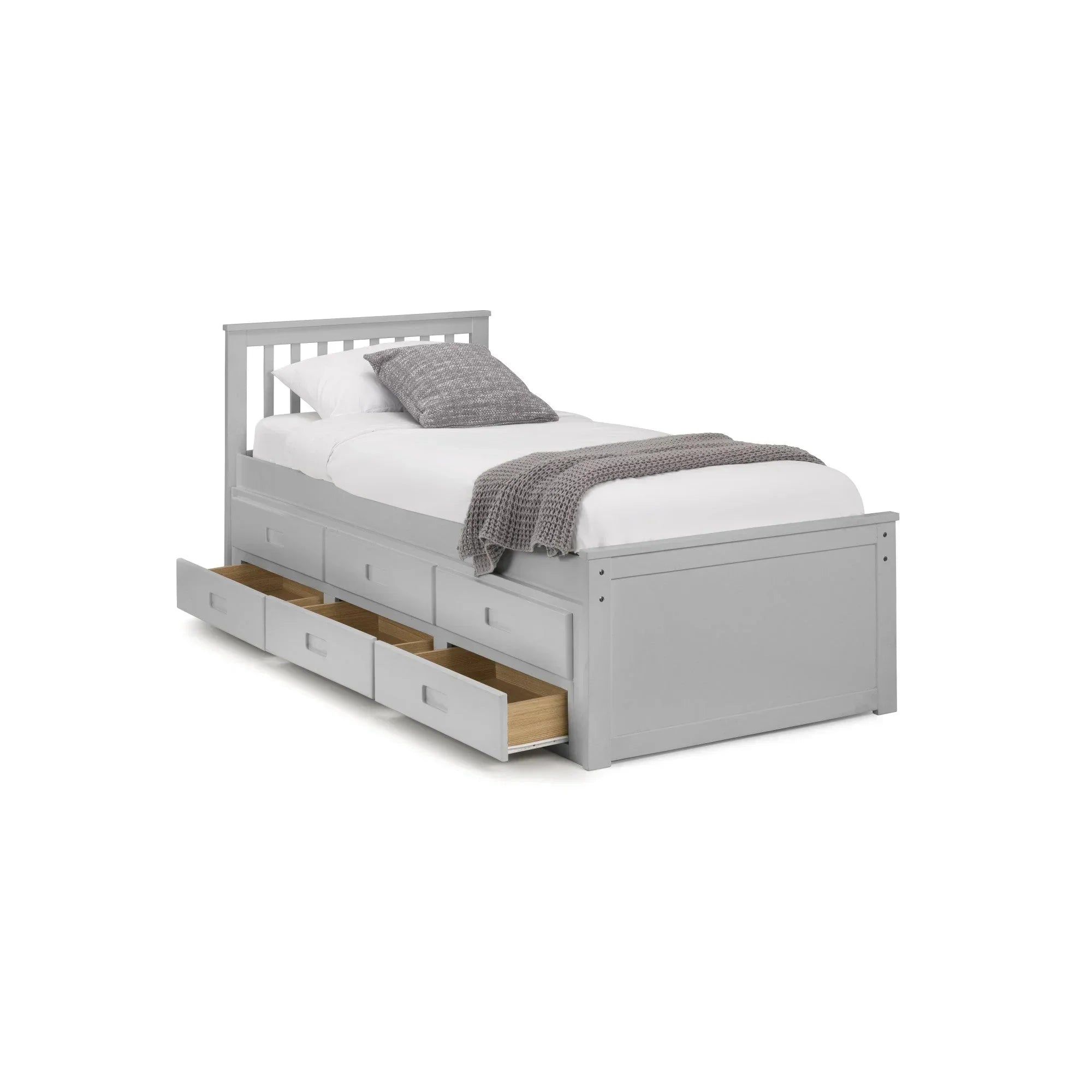 Grey single bed frame with three underbed storage drawers and slatted headboard