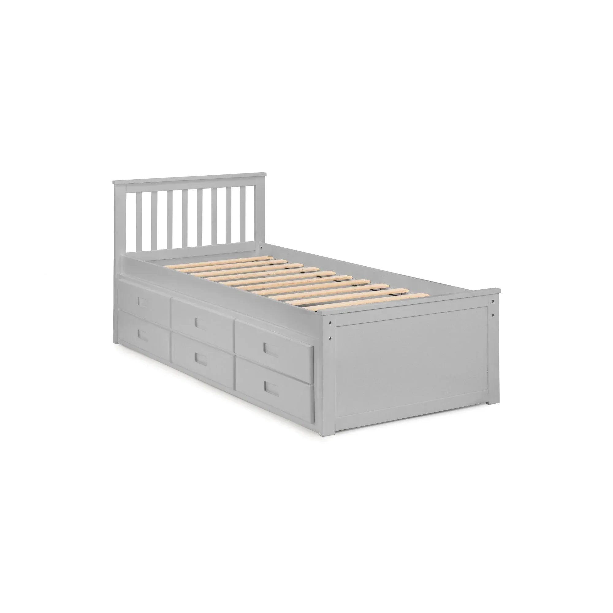 Grey wooden single bed frame with six built-in storage drawers and slatted headboard