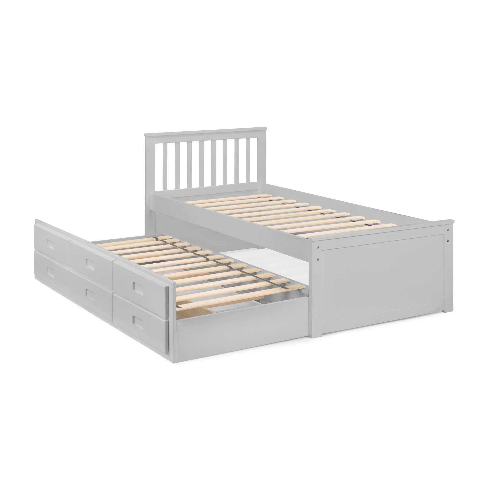 Grey wooden guest bed with pull out trundle and storage drawers, slatted base design