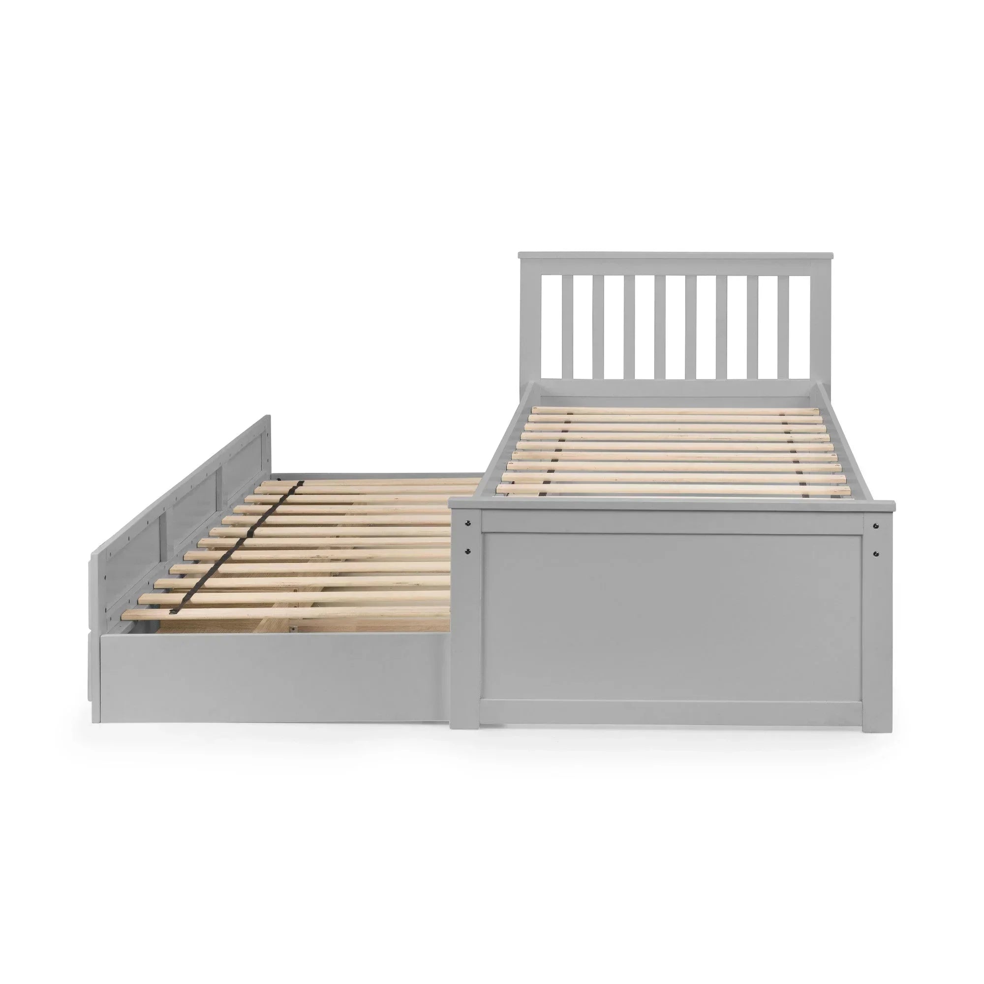 Grey wooden day bed frame with pull-out trundle, slatted base, and panelled headboard