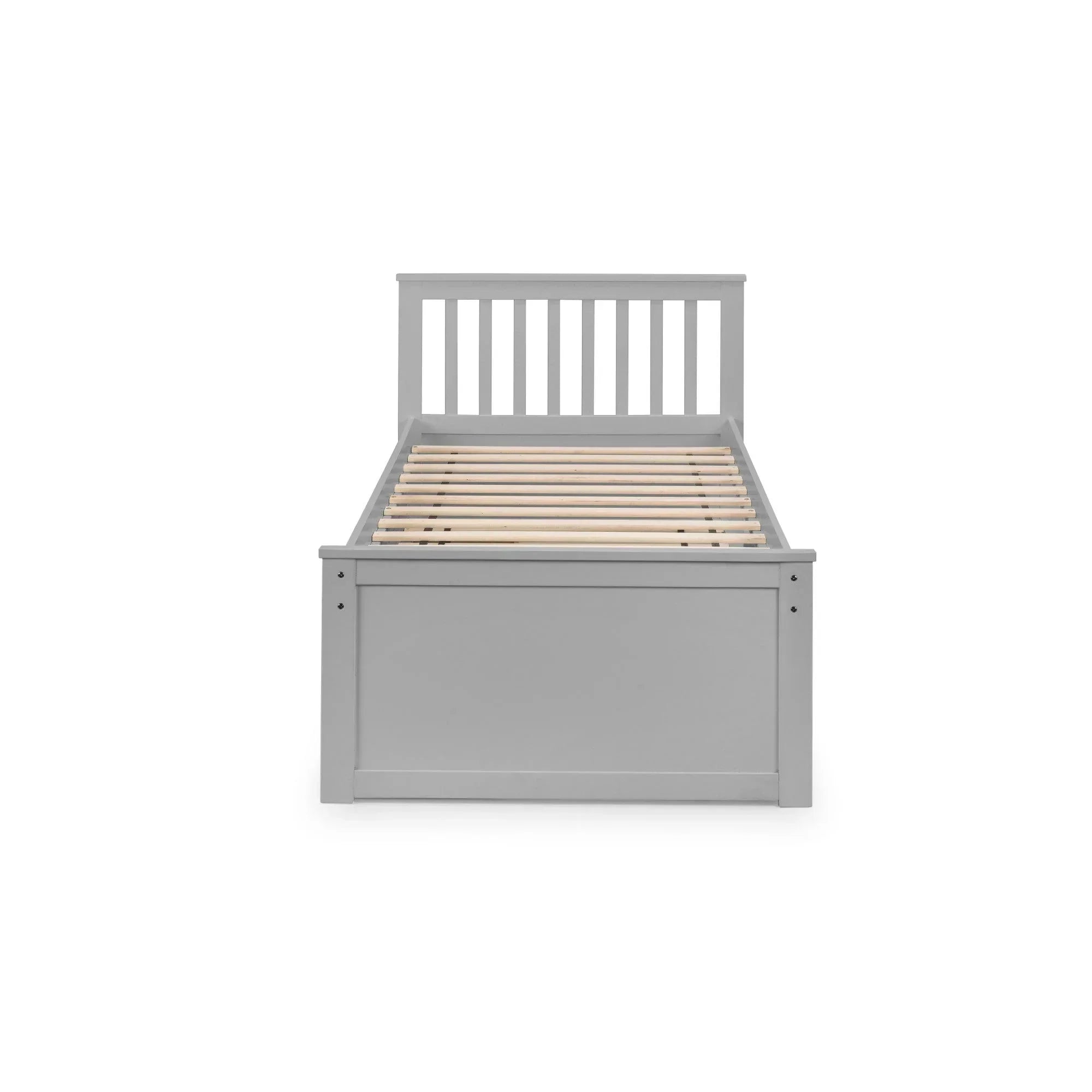 Grey wooden bed frame with slatted headboard and base, front view