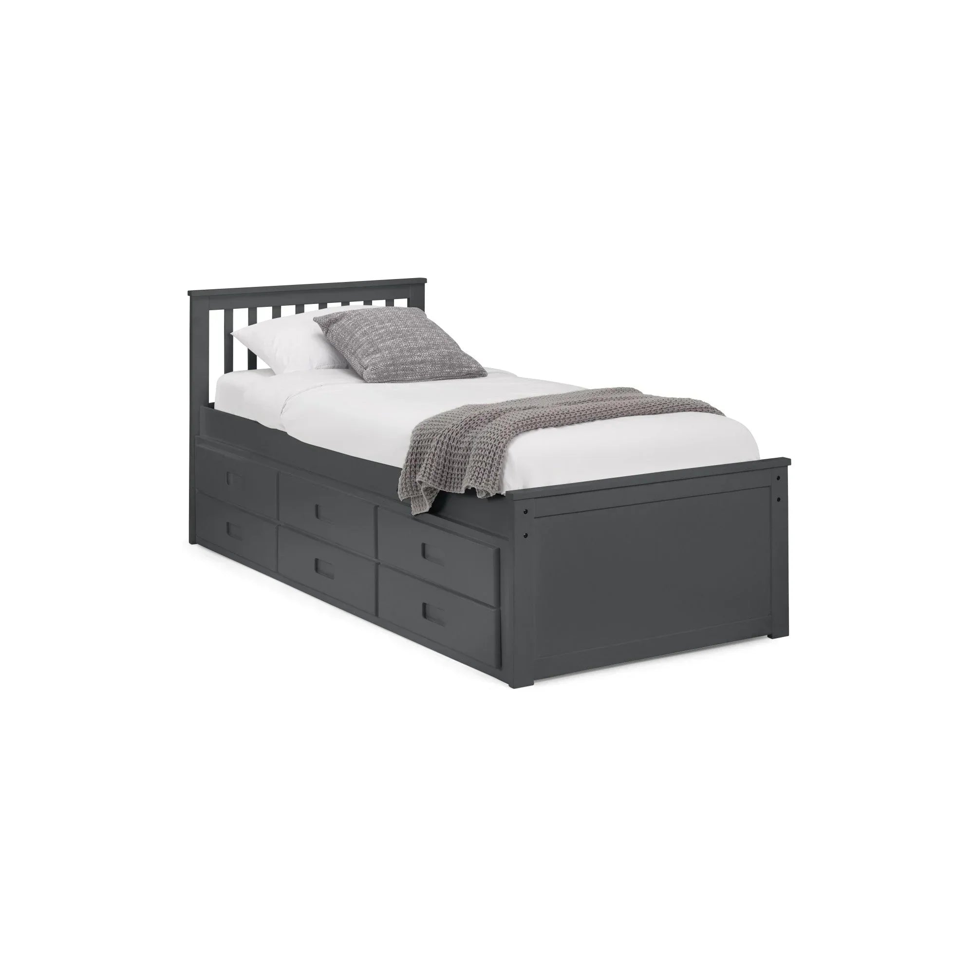 Single grey storage bed with six drawers, slatted headboard, white bedding, and grey throw